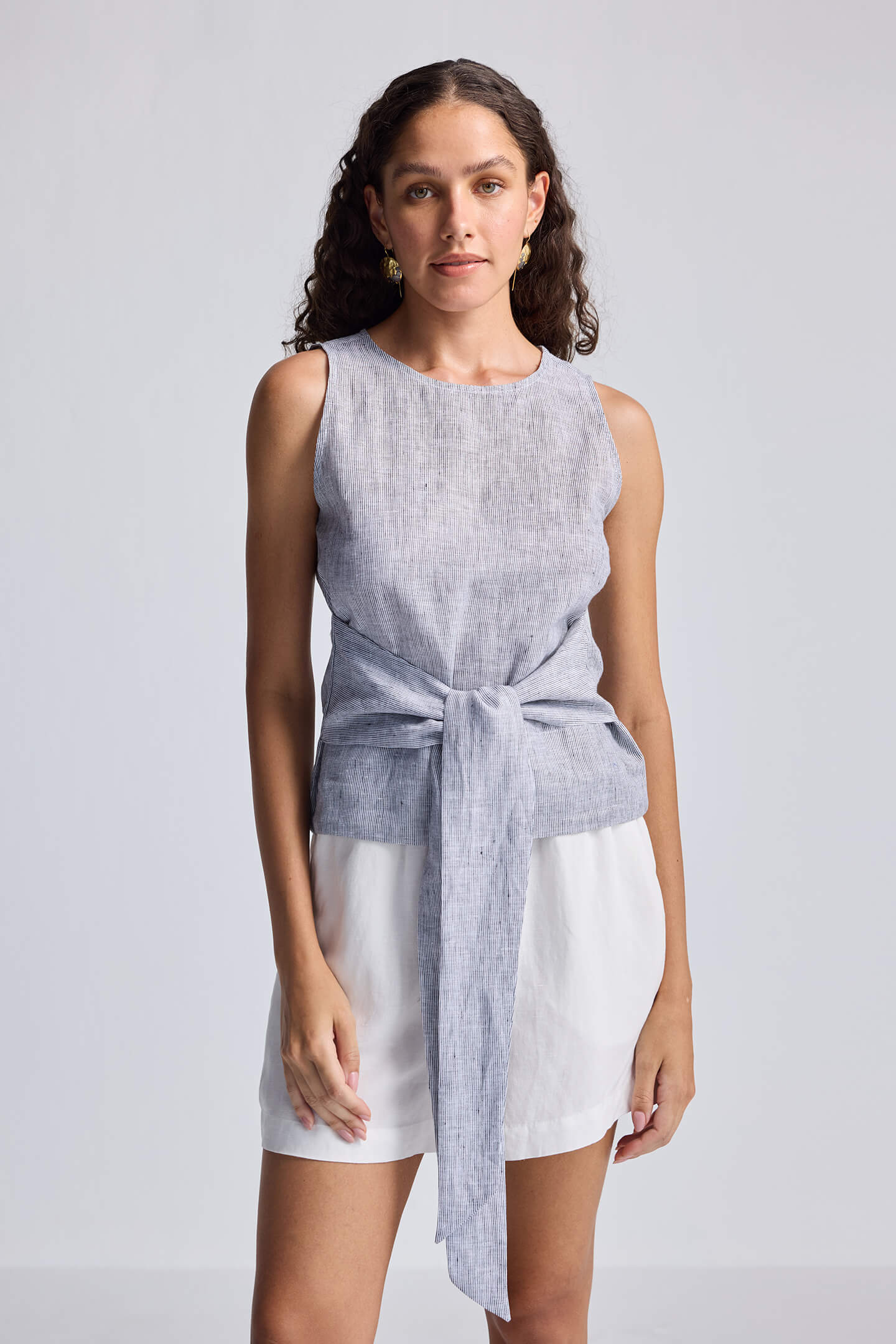 Front-tie Top in Linen Stripes Front