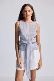 Front-tie Top in Linen Stripes Front