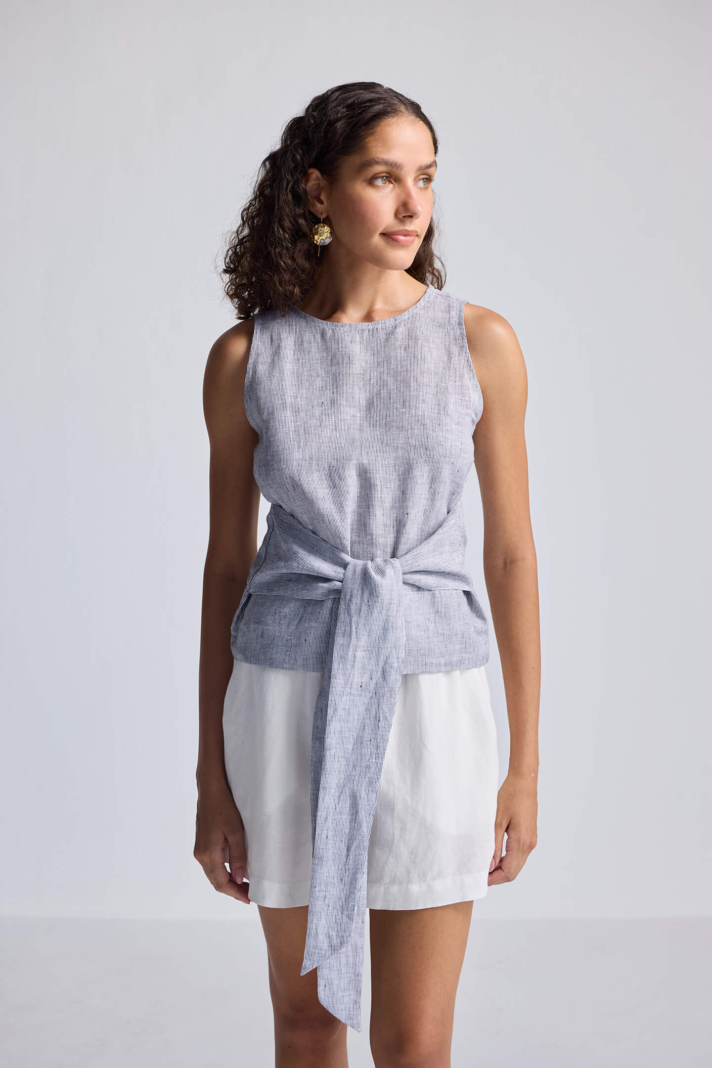 Front-tie Top in Linen Stripes Front