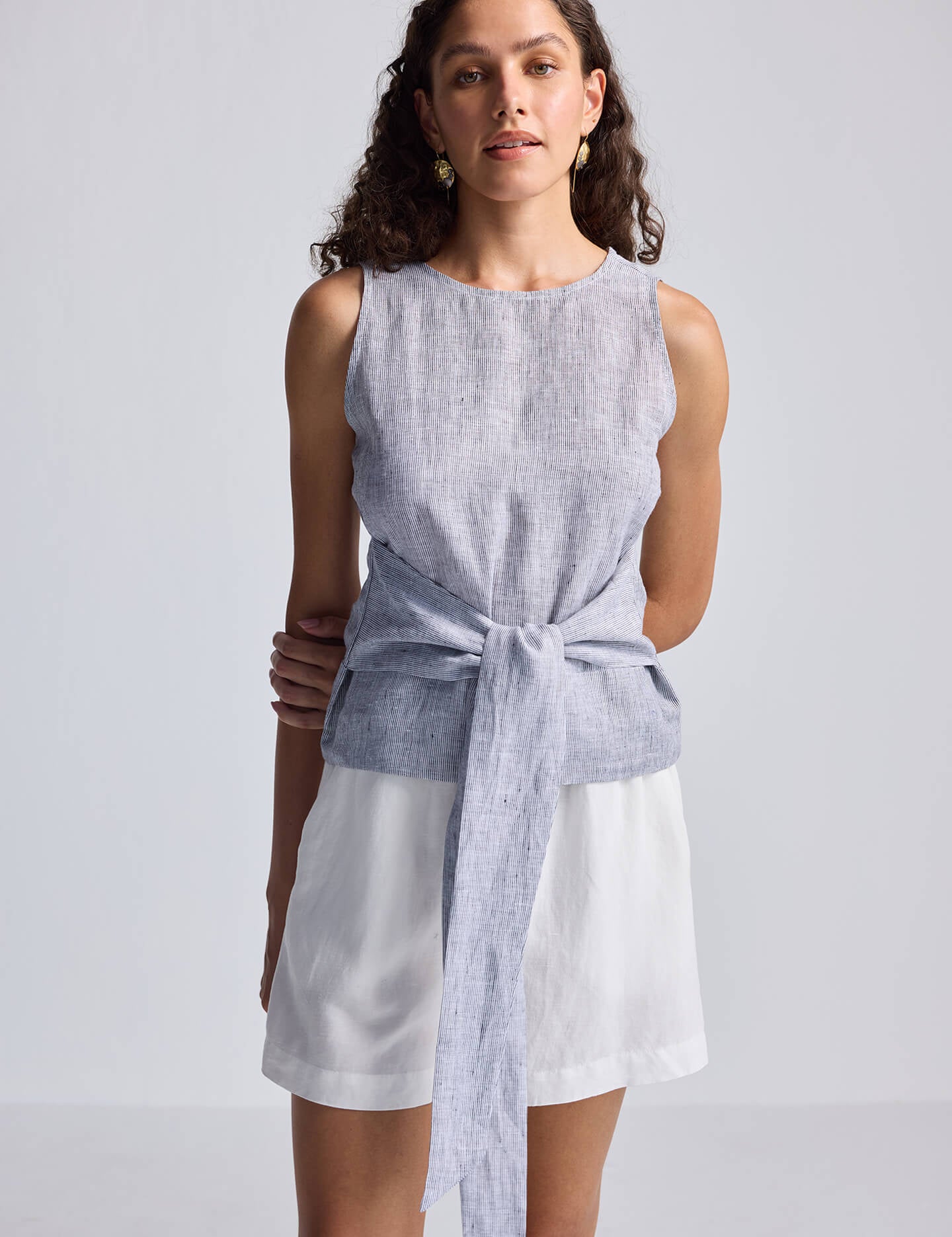 Front-tie Top in Linen Stripes Front