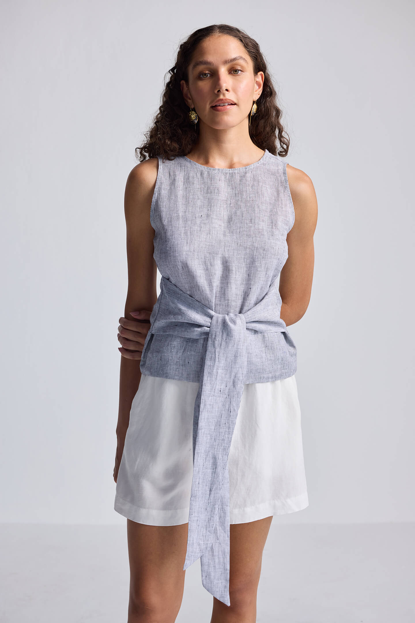 Front-tie Top in Linen Stripes Front