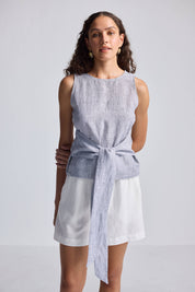 Front-tie Top in Linen Stripes Front