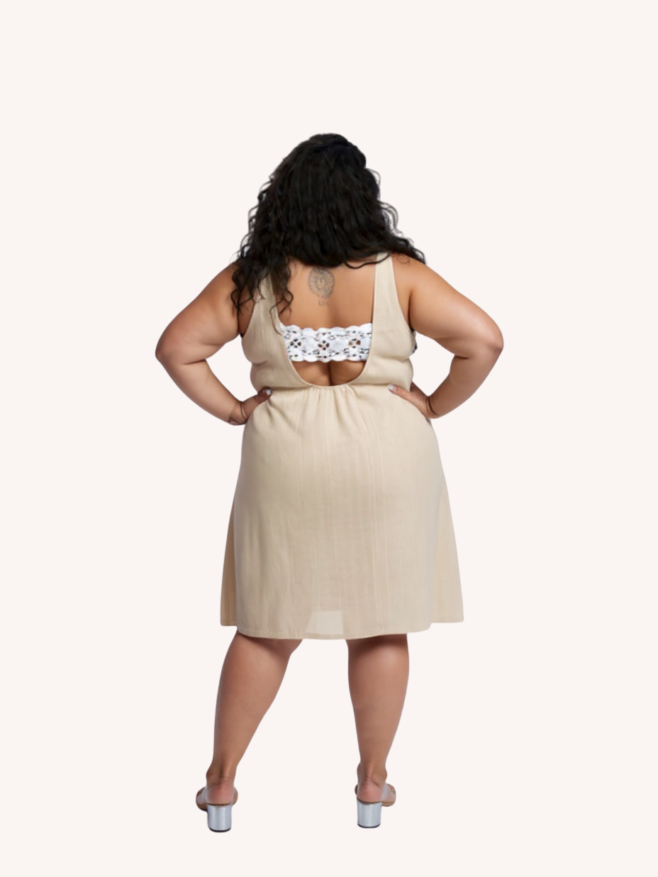 Hemp Short Dress with Back Embroidered Lace Detail