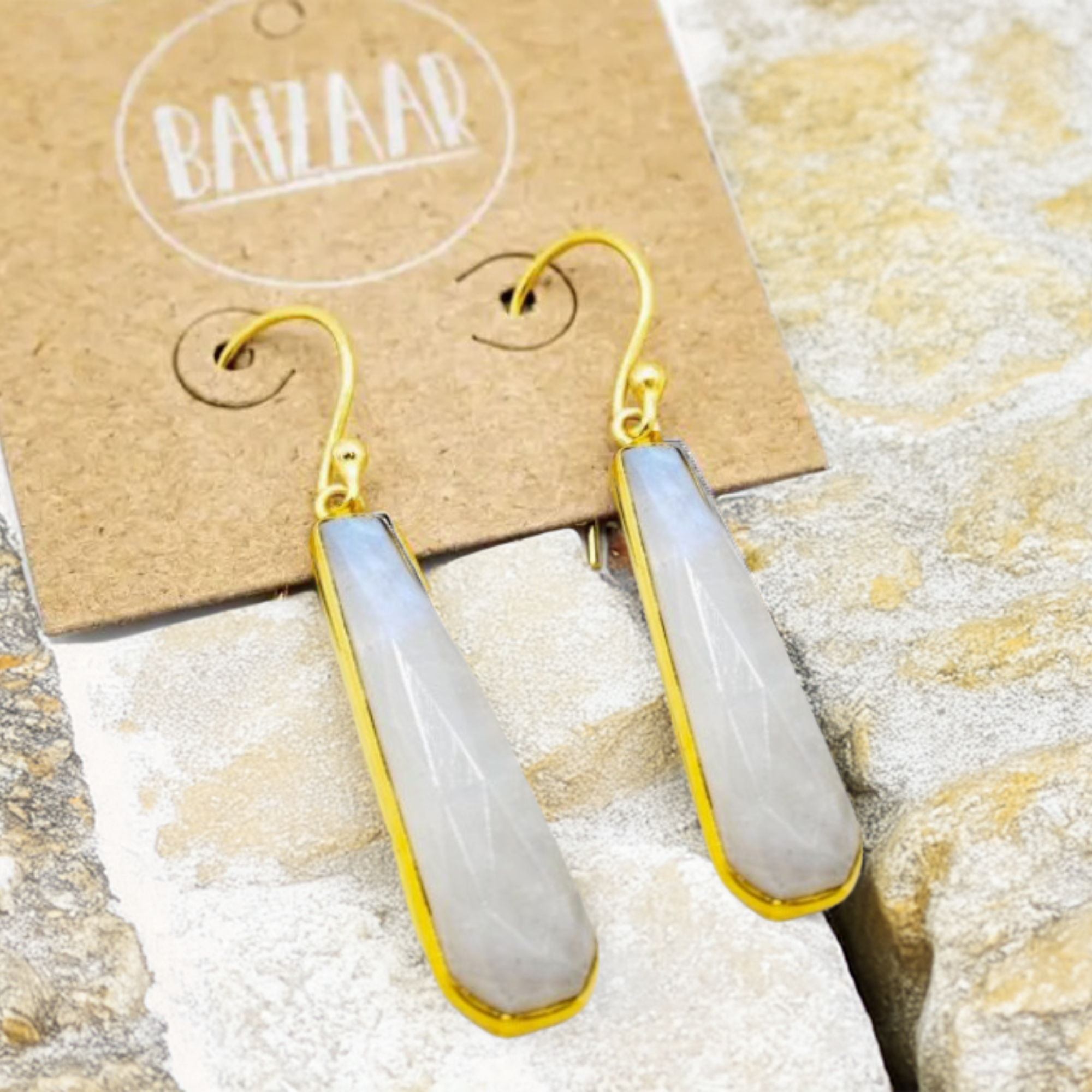 Brass Faceted Teardrop Stone Earrings | Moonstone