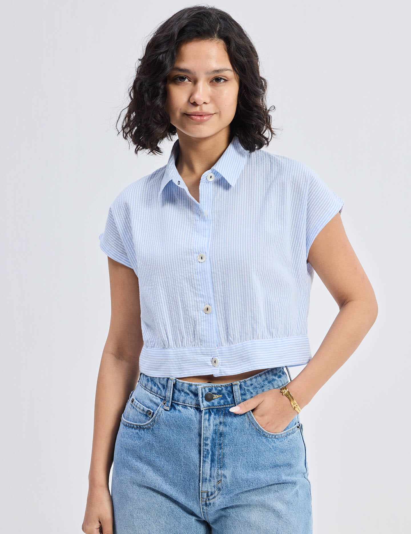 Oversized Crop Shirt in Classic Stripes Front