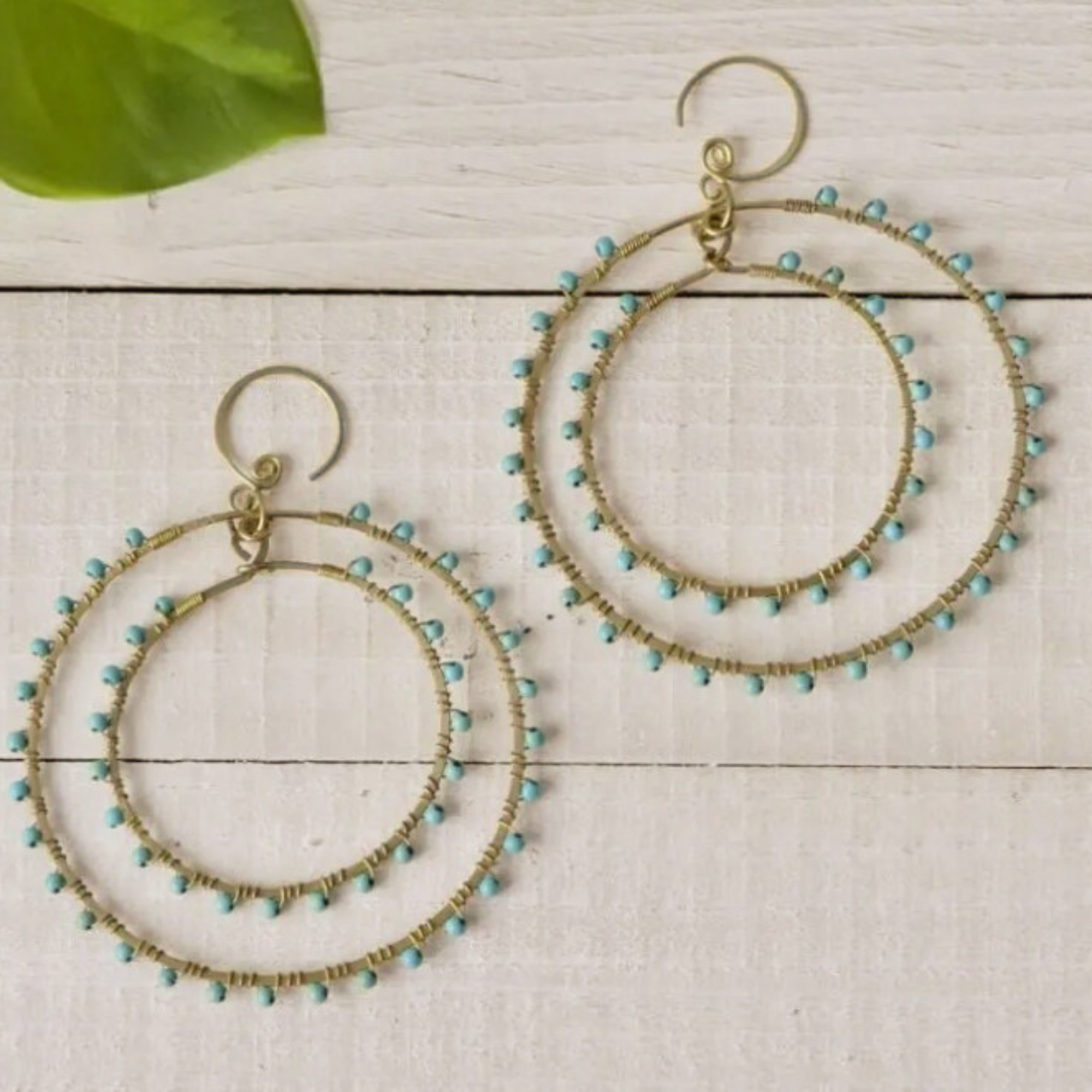 Brass Double Hoop Stone Earring | Turquoise