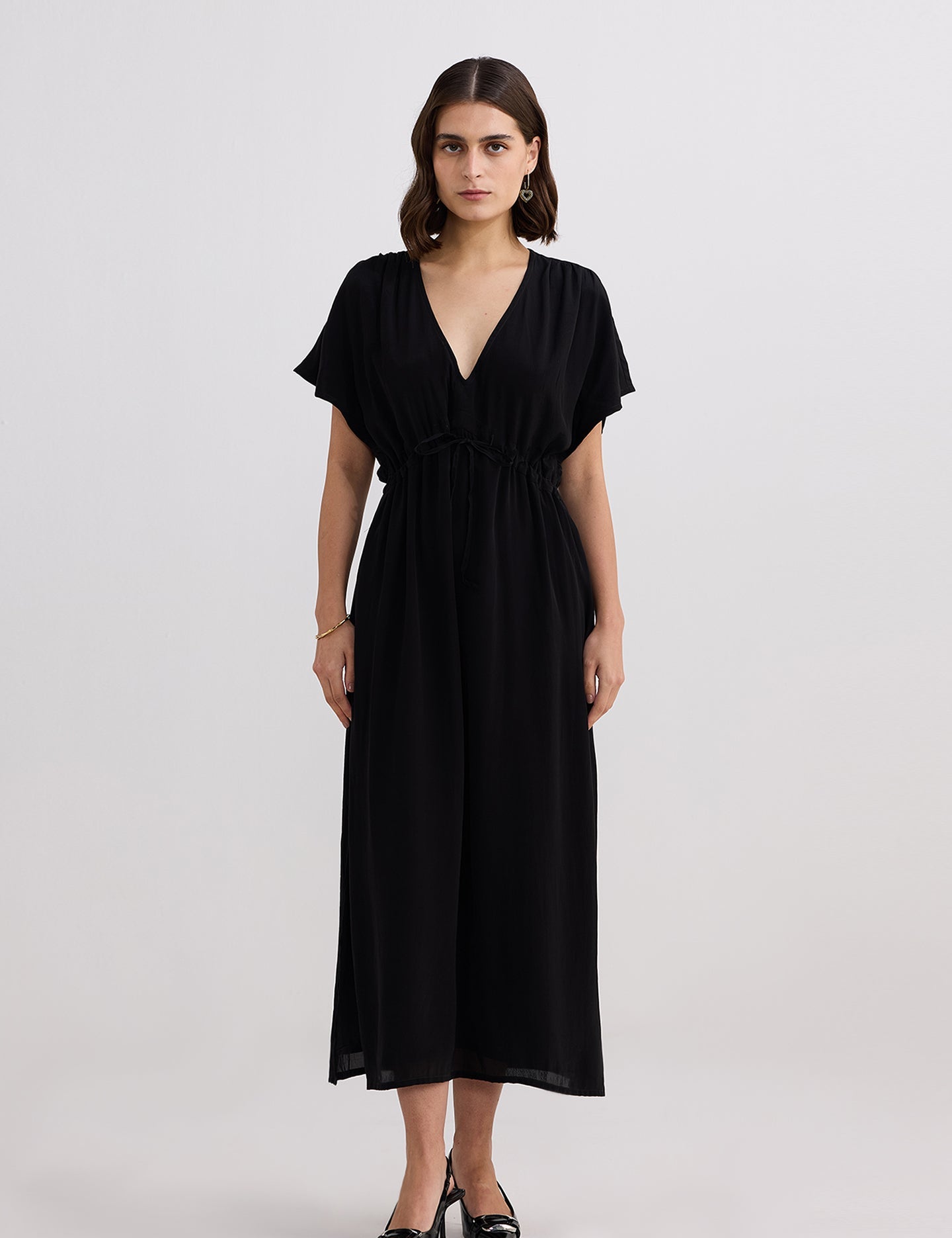 V-neck Gathered Maxi Dress in Black Front