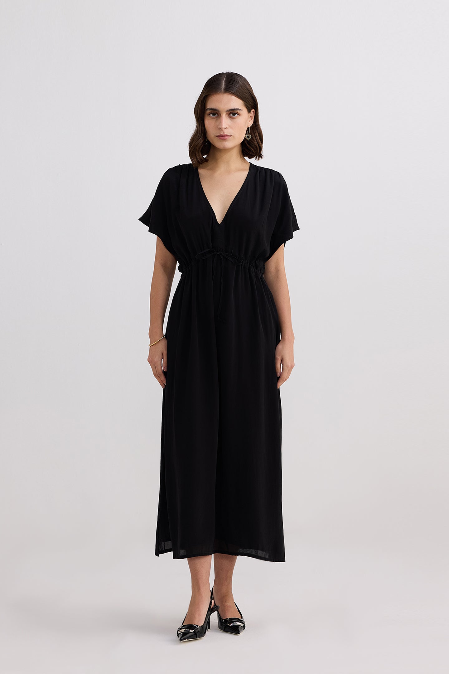 V-neck Gathered Maxi Dress in Black Front
