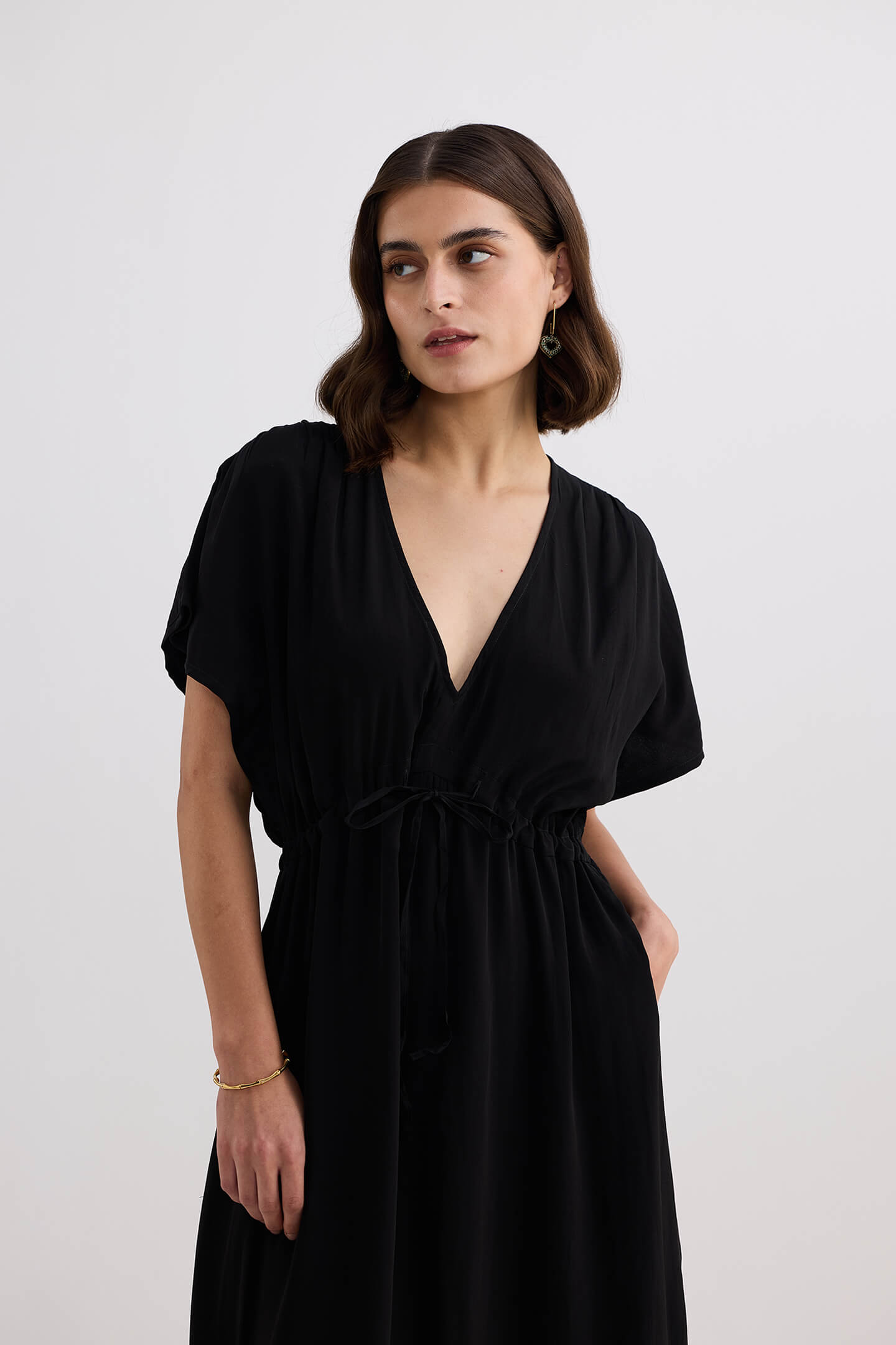 V-neck Gathered Maxi Dress in Black Closeup