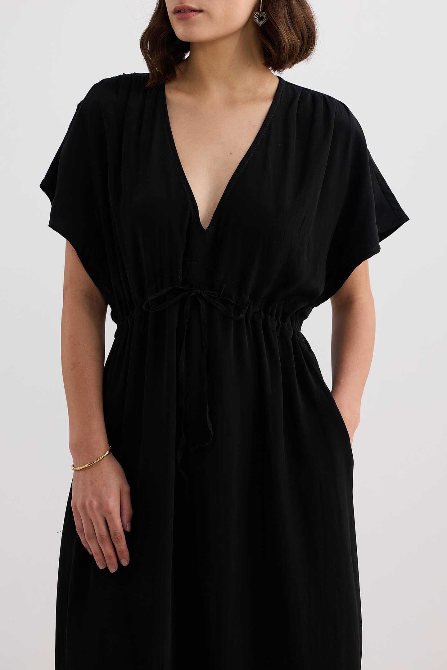 V-neck Gathered Maxi Dress in Black Closeup