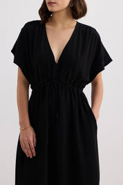 V-neck Gathered Maxi Dress in Black Closeup
