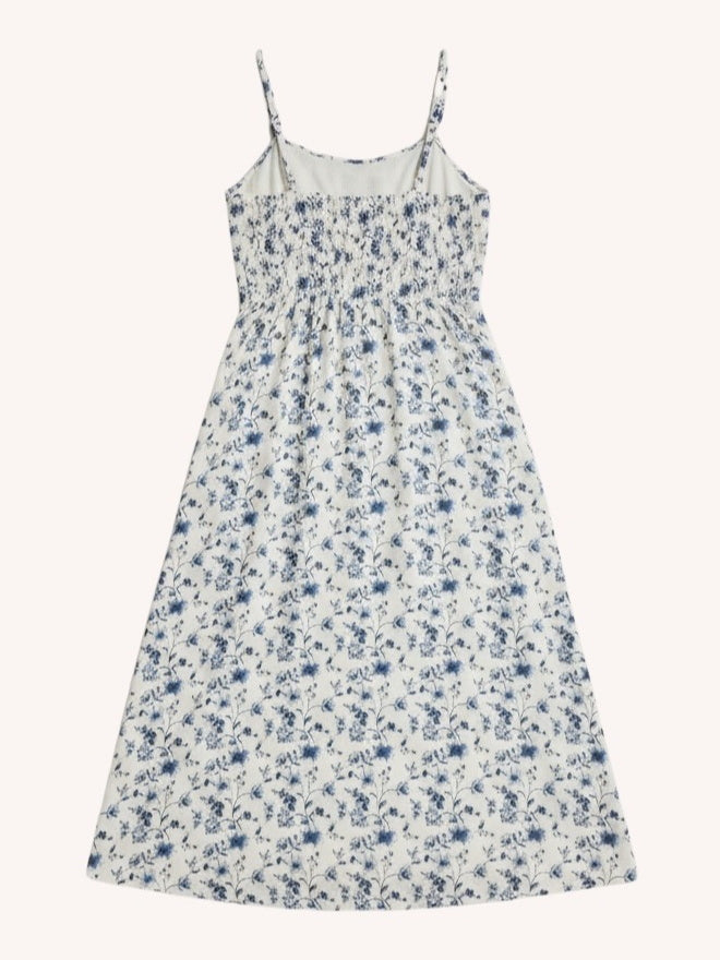 Strappy Gathered Midi Dress | Blue Floral